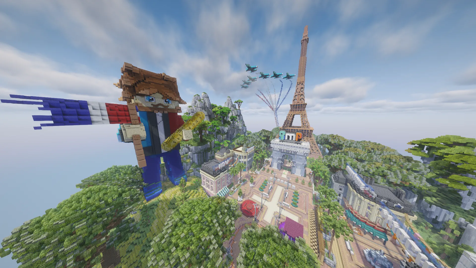 Le spawn de French SMP en plein jour : un géant à l’écharpe tricolore tient une baguette, à côté de la tour Eiffel et de l’Arc de Triomphe surmonté du panneau SMP, survolés par la Patrouille de France.